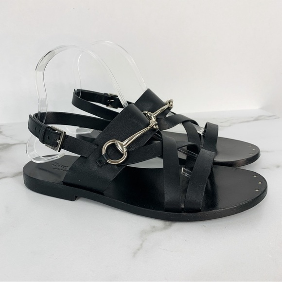 GUCCI Juliette Black Leather Horsebit Open Toe Flat Strappy Summer Sandals 38.5 - Picture 7 of 13